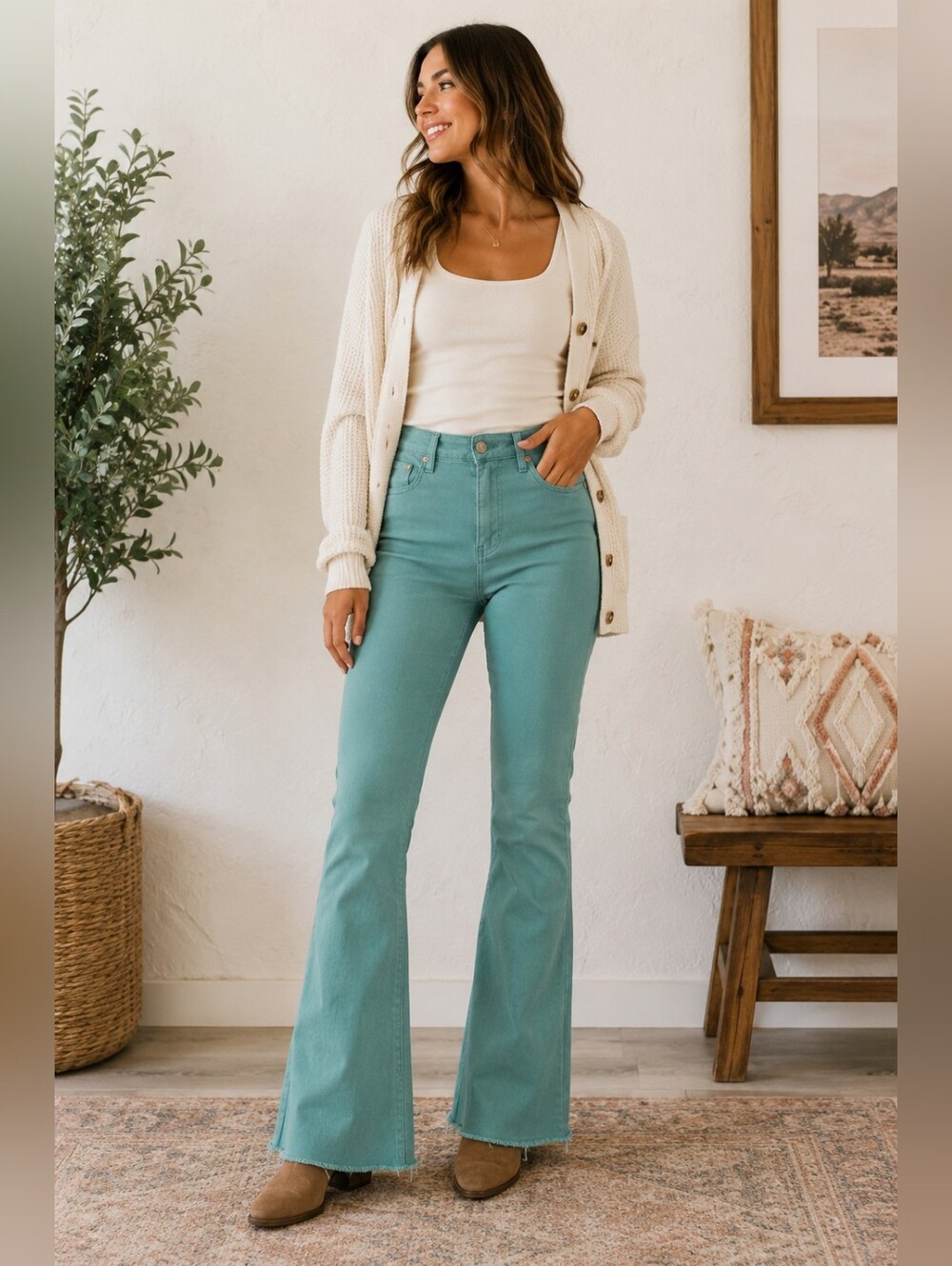Judy Blue High Rise Garment Dyed Flare Jeans Teal Green Raw Hem Stretch 5/27 NEW